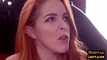 play Bound redhead nipple clamped and zapped in kinky threesome